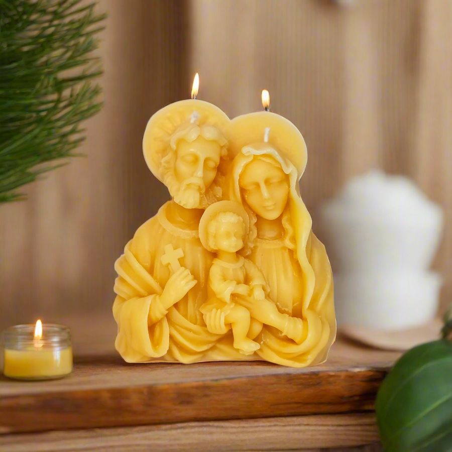 100% pure beeswax candle in the shape of the holy family