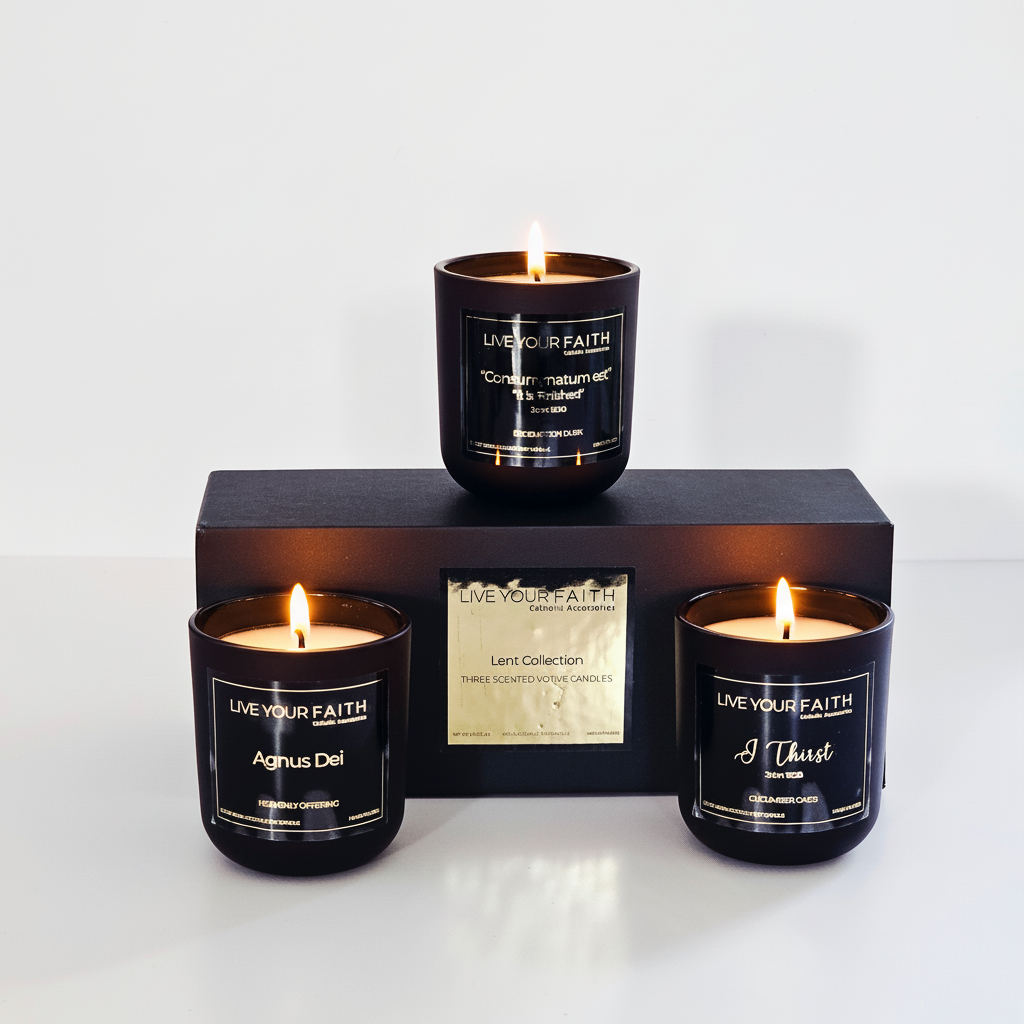 Three lit candles in black containers with visible labels on a white background
