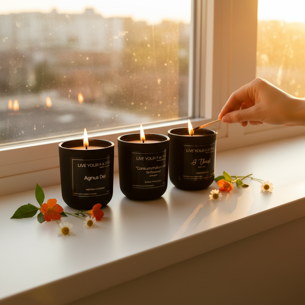 Three black candles on a windowsill with a hand lighting one of them, surrounded by flowers.