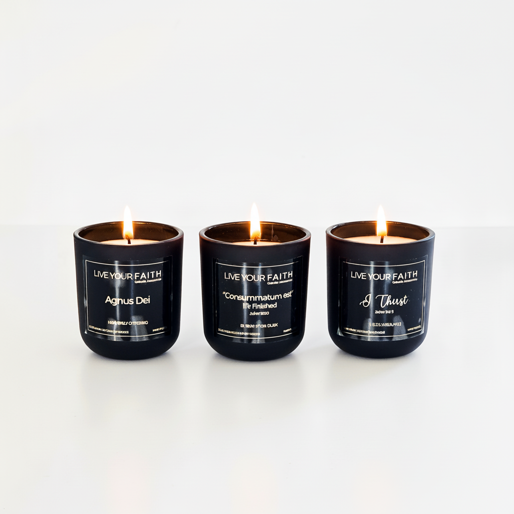 Three black candles with white text on a white background
