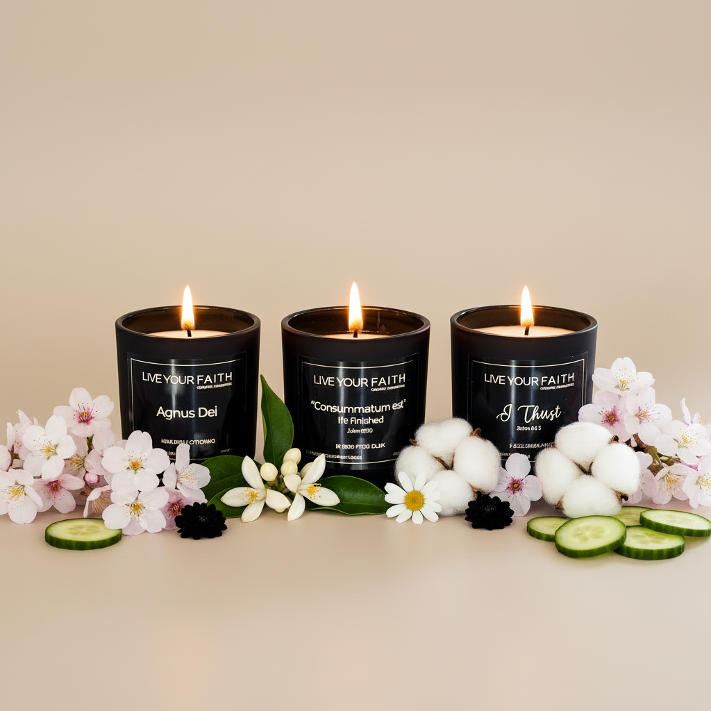 Three lit candles with 'Live Your Faith' branding on a beige background with flowers and cucumbers.