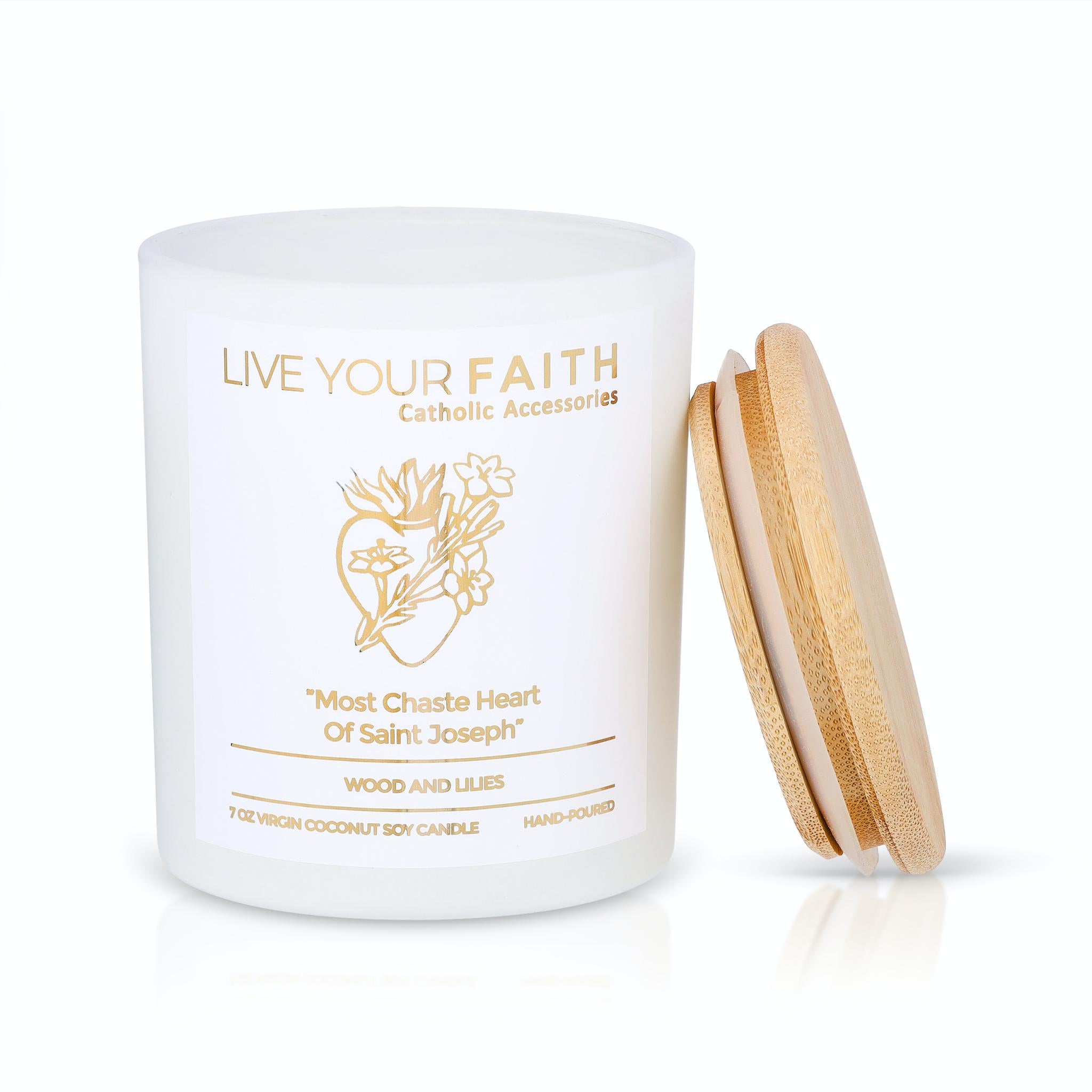 most chaste heart of Saint Joseph catholic prayer candle on a white matte jar with an image of the most chaste heart on a white background