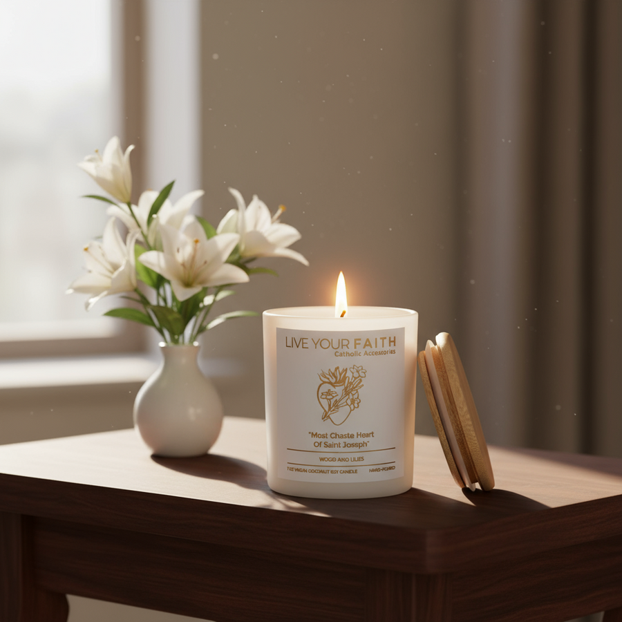 Most chaste heart of Saint Joseph scented prayer candle in wood and lilies on a table