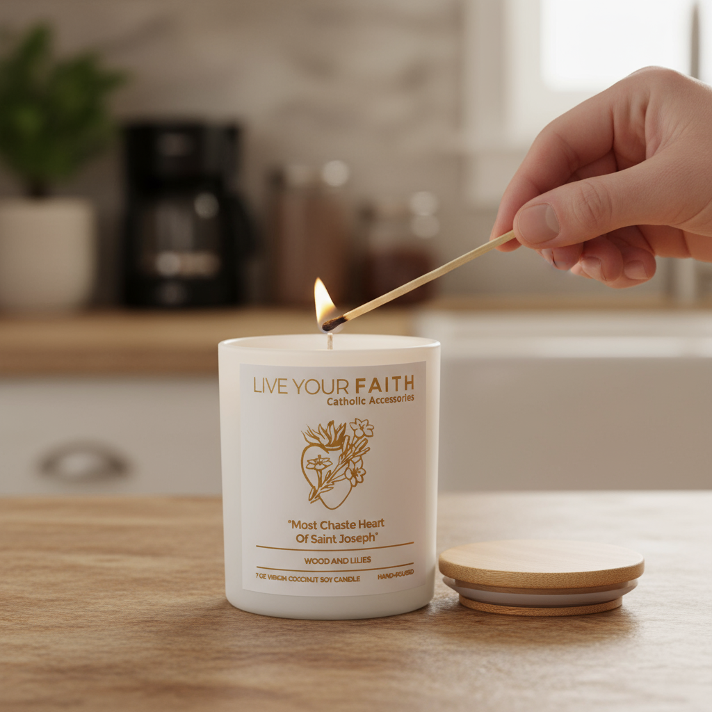 Most chaste heart of Saint Joseph candle been lit by a hand in a cozy kitchen