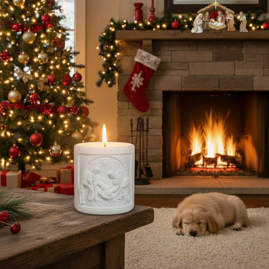 Nativity Candle with a dog  in front of a Christmas tree and fireplace.