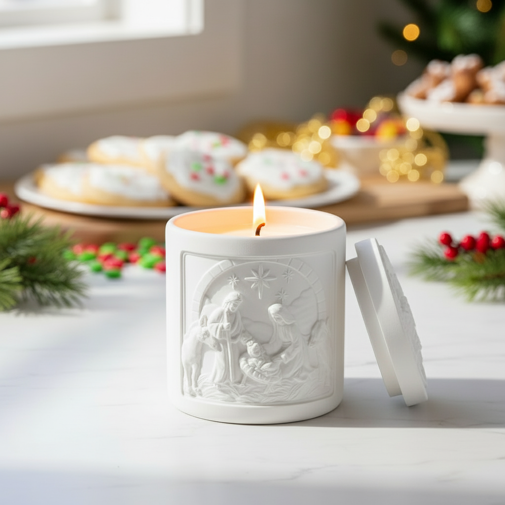 Decorative white wall light fixture with relief design on kitchen counter with festive foods
