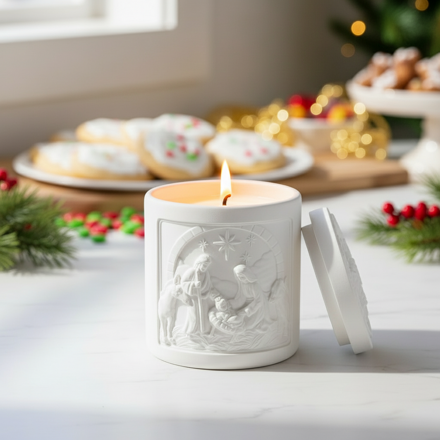 Decorative white wall light fixture with relief design on kitchen counter with festive foods