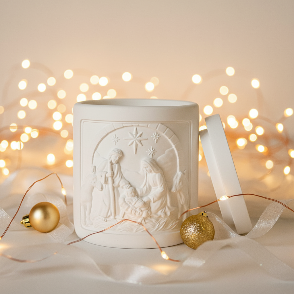 Decorative white nativity candle jar with relief design on a christmas background