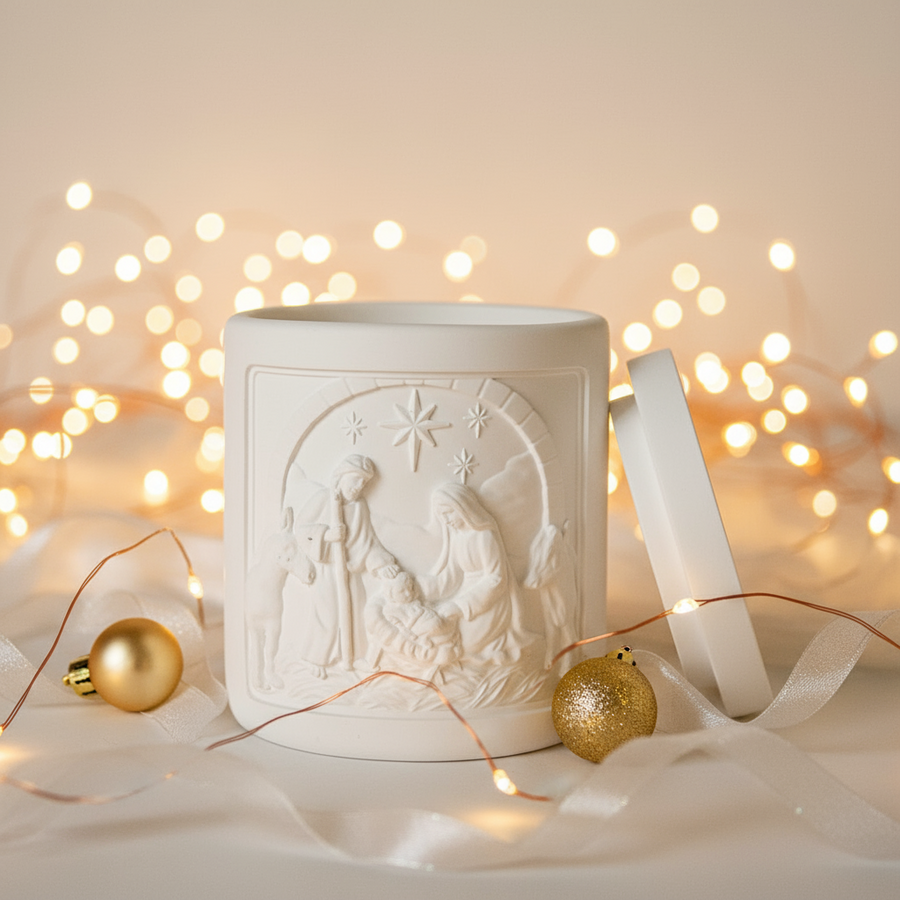 Decorative white nativity candle jar with relief design on a christmas background