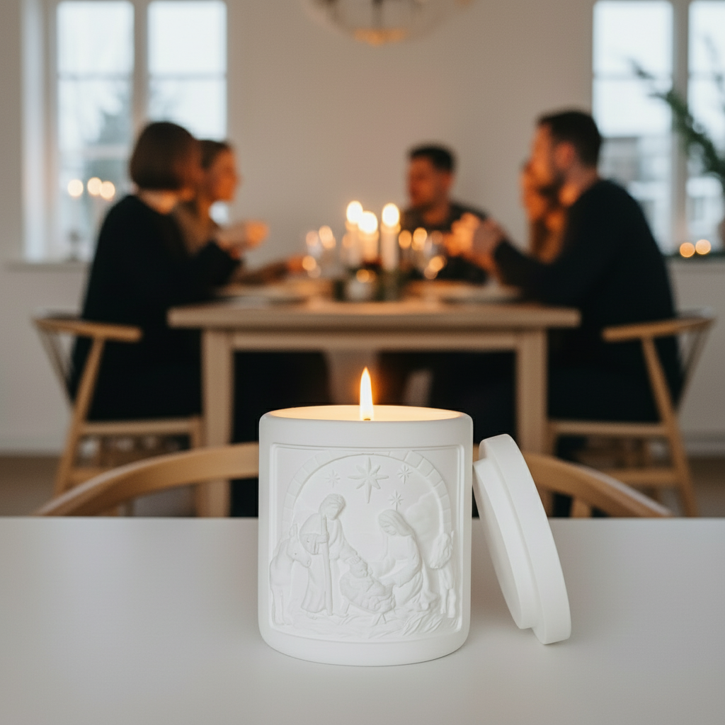 White embossed nativity candle with a burning flame on a table, with a blurred background of people sitting at a table.