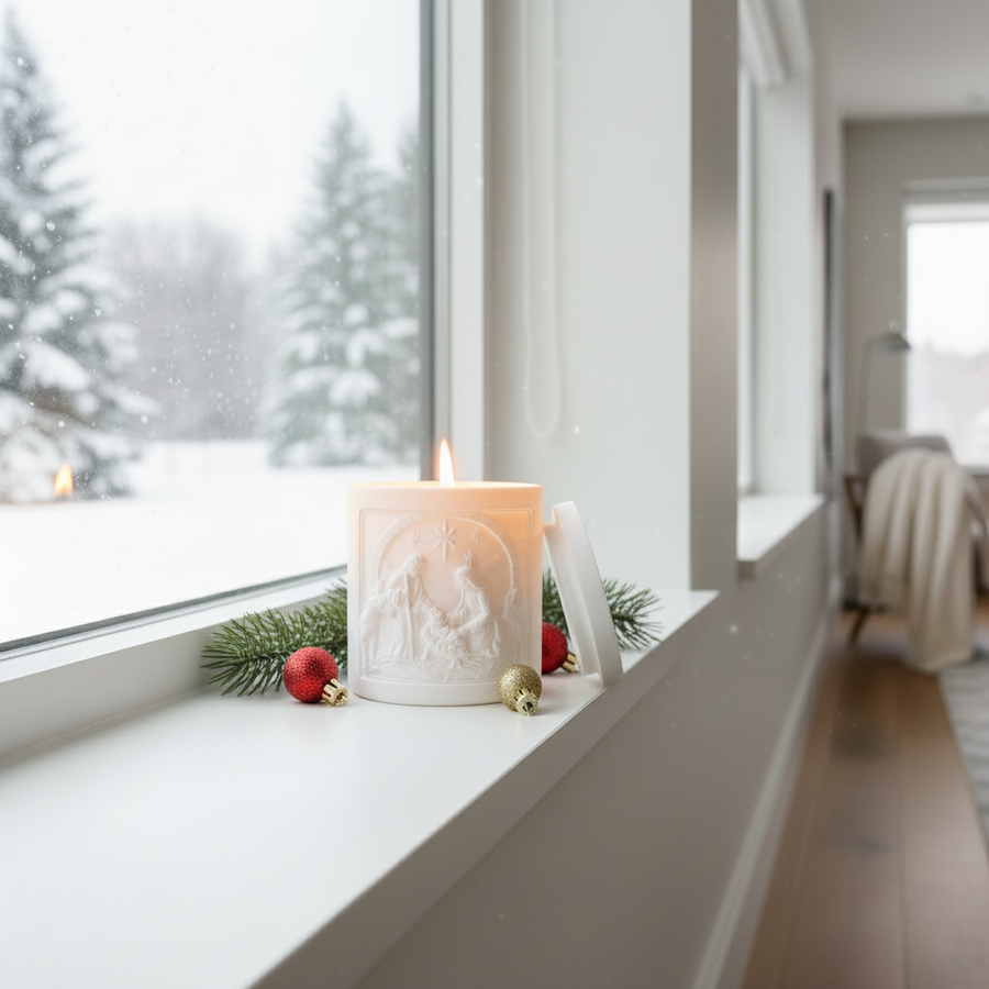 Candle on a windowsill with Christmas decorations and a snowy view outside.