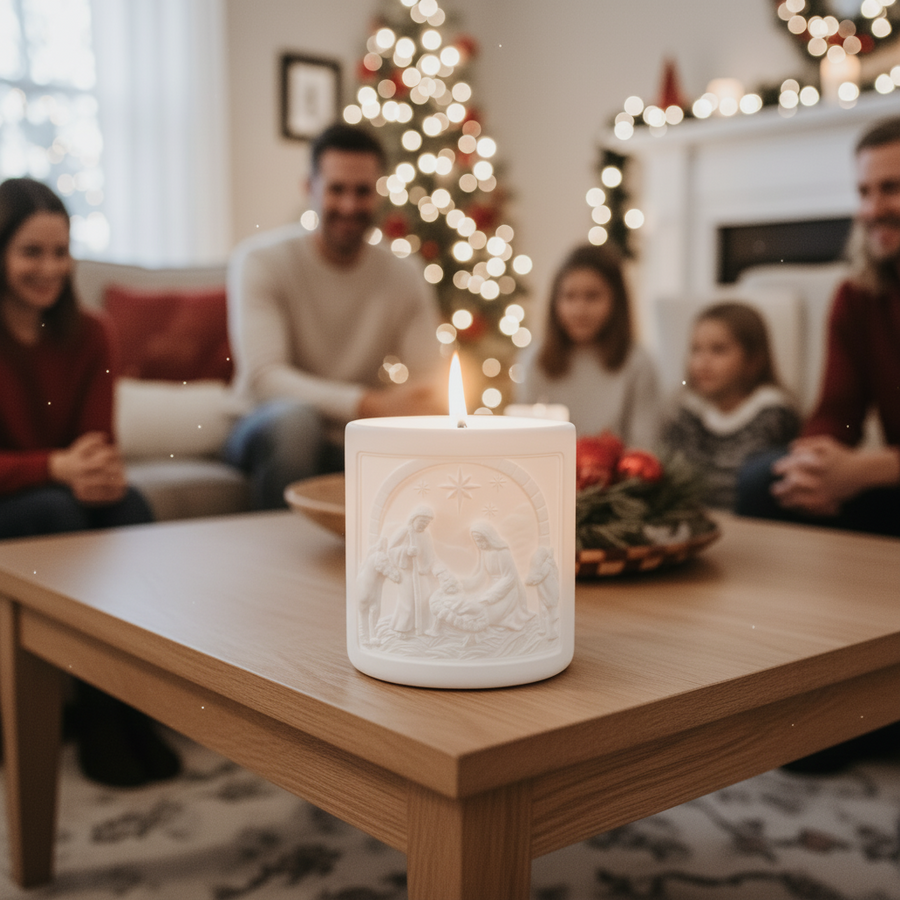 Decorative candle on a coffee table with people sitting in the background in a festive living room.