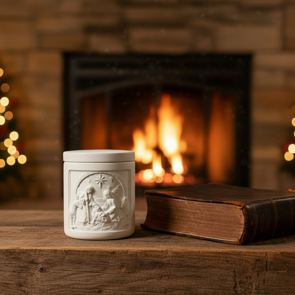 White embossed candle jar on a wooden surface with a fireplace in the background