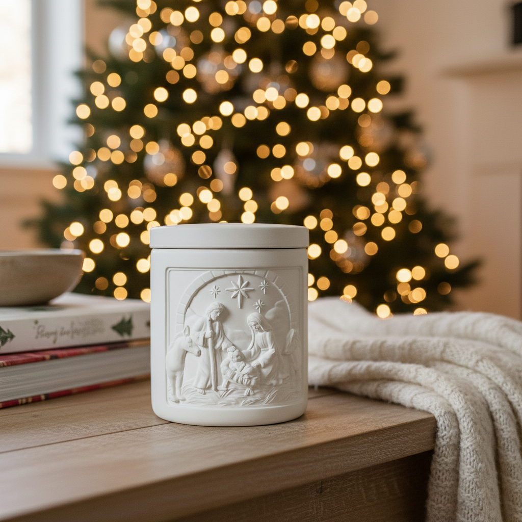 White ceramic container with nativity scene design on a living room background