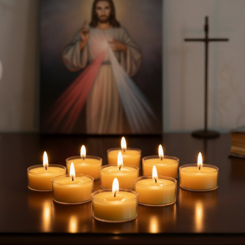 Nine small yellow beeswax candles on a home altar with an image of the divine mercy.