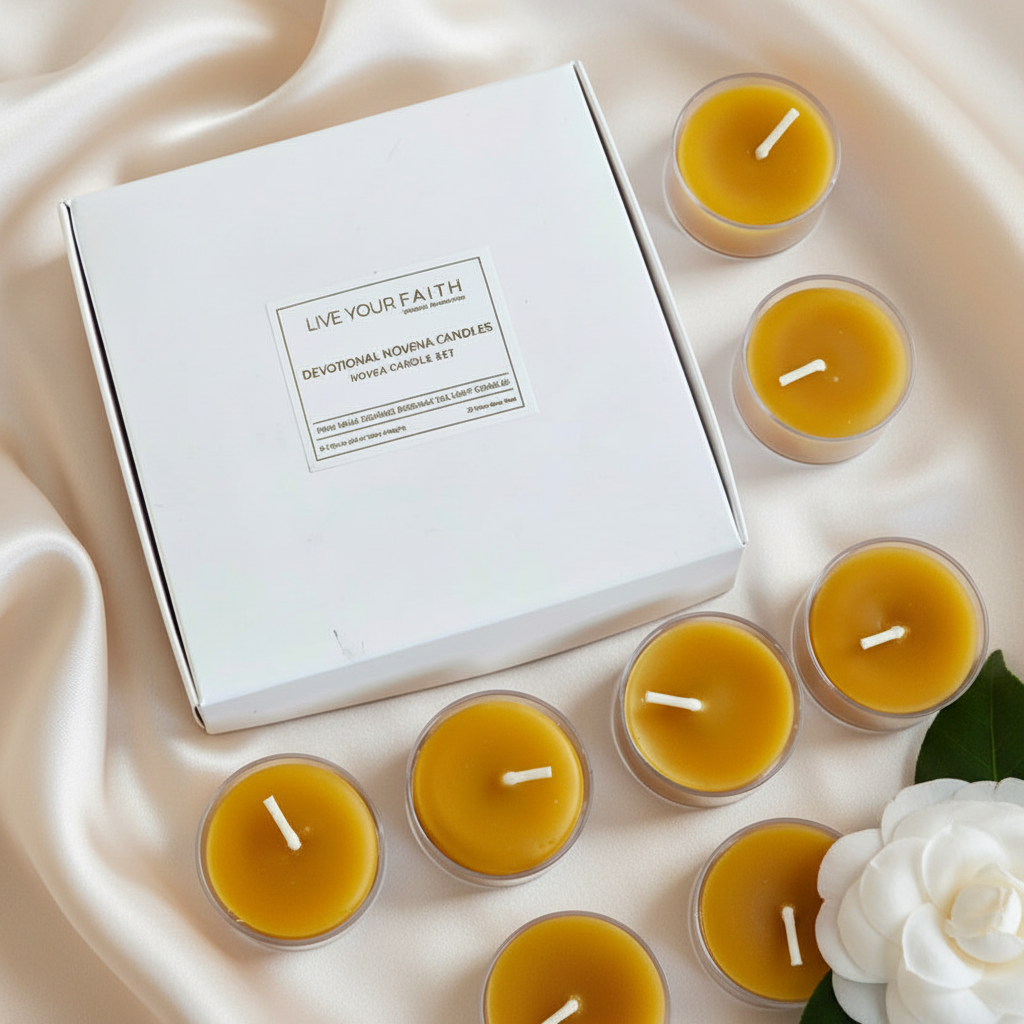 Set of small candles in front of a 'Live Your Faith' box on a soft fabric background