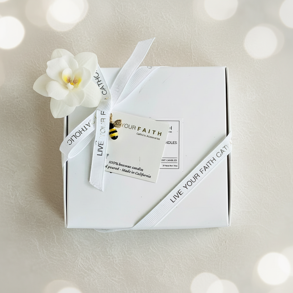 White candle packaging with 'Live Your Faith Catholic branding on a light background
