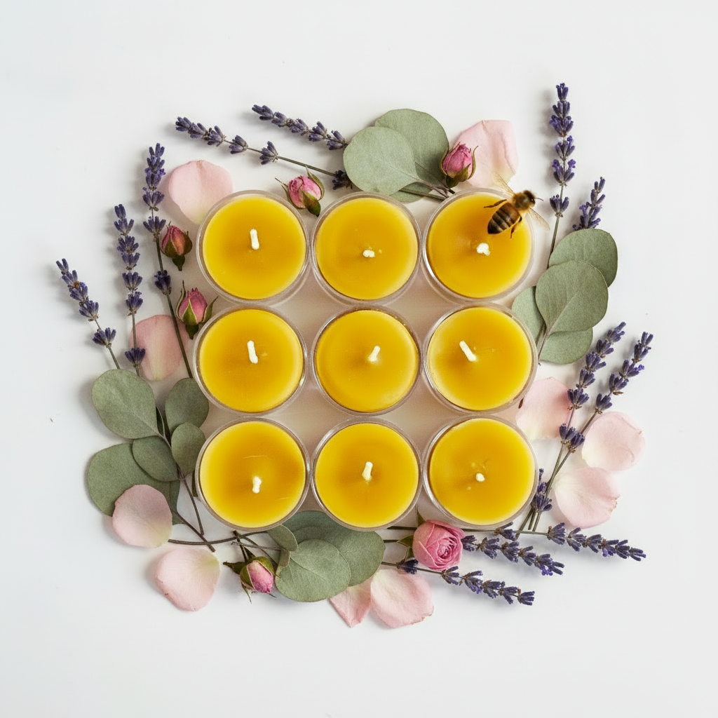 Nine yellow candles in a 3x3 grid on a white background with flowers