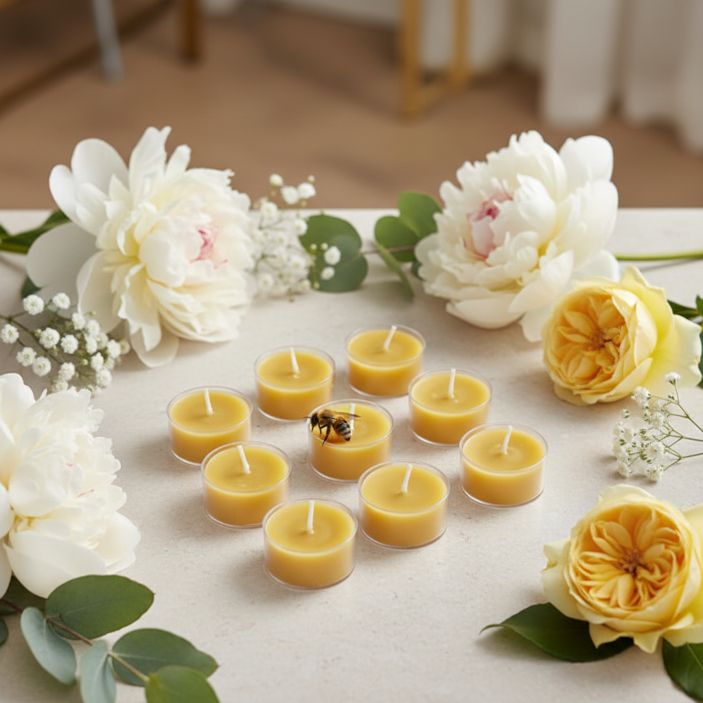 Set of small yellow candles surrounded by white and yellow flowers on a light surface.