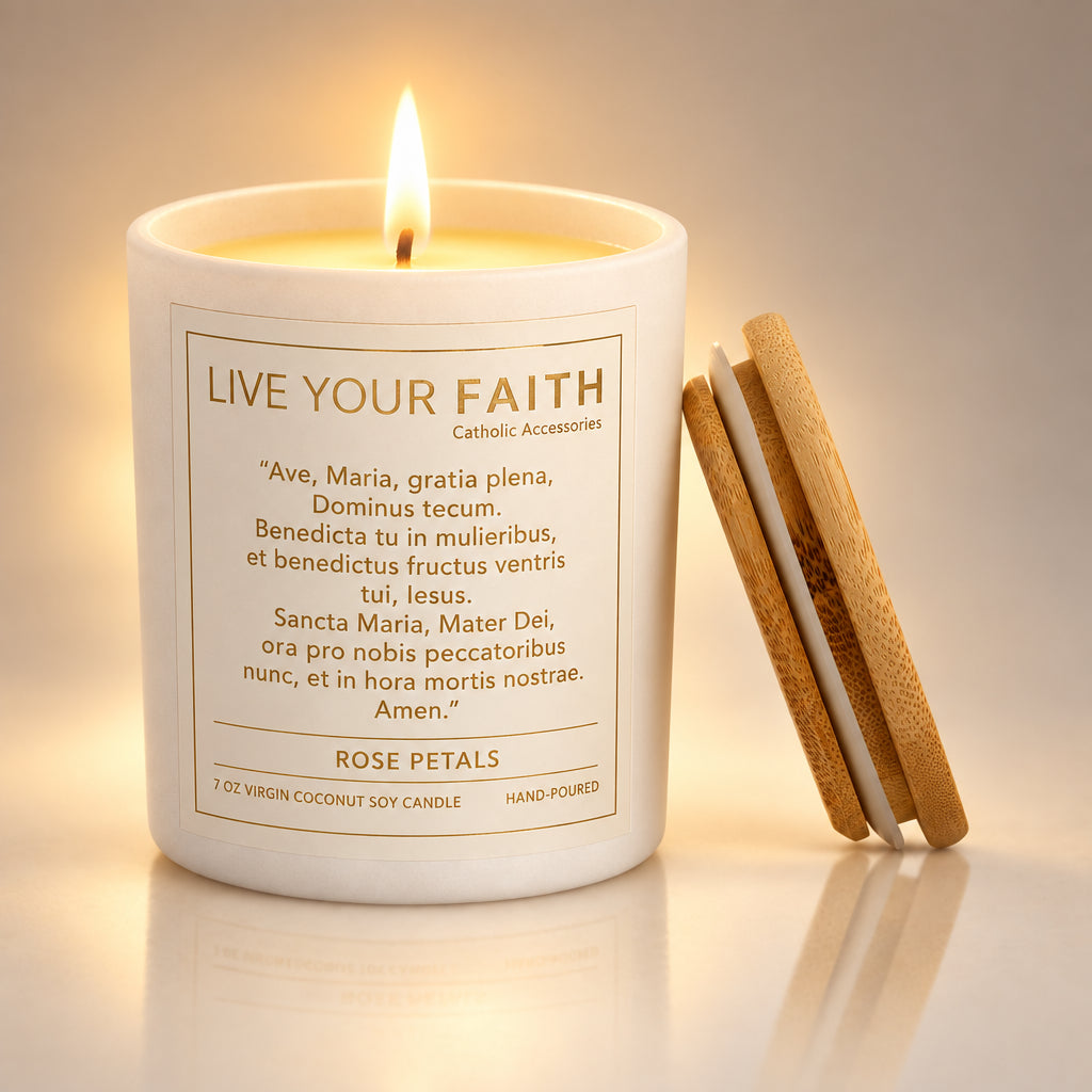 Ave Maria Catholic prayer candle in Rose Petals scent with bamboo lid in a white background