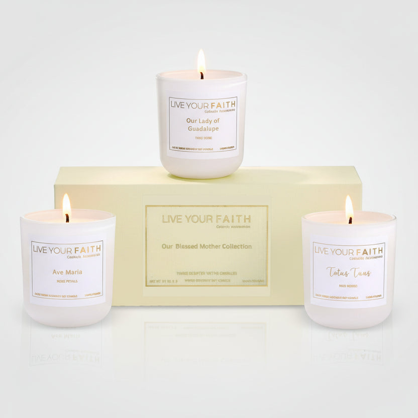 our-blessed-mother-candle-collection in rose scents on white background
