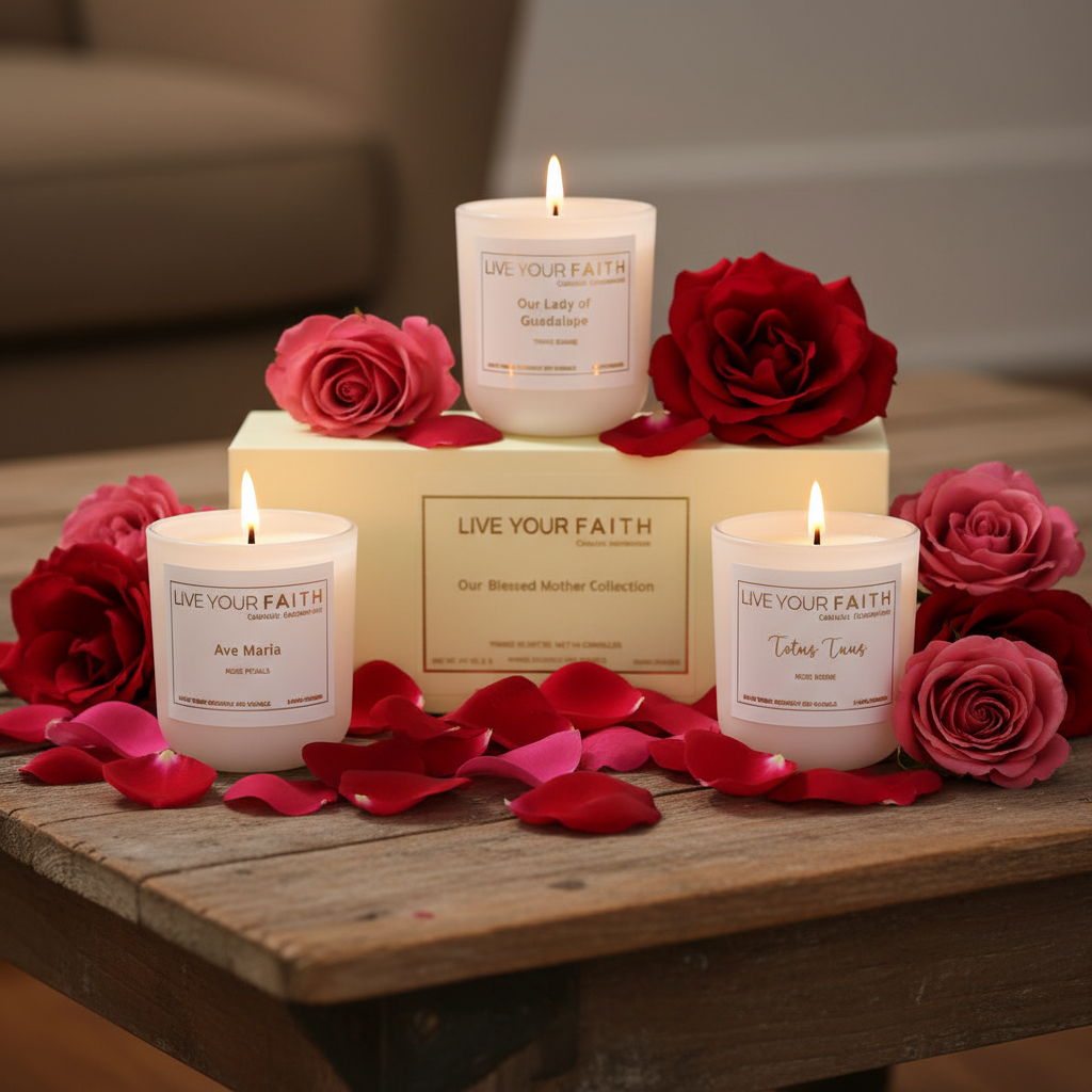 Candles with 'Live Your Faith' branding on a wooden surface with red and pink roses.