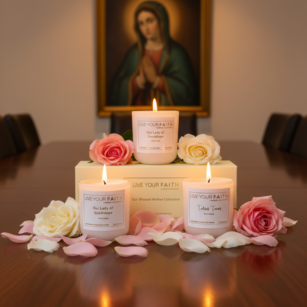 Candles with 'Live Your Faith' packaging on a table with flowers, blurred religious painting in the background. Three candles inspired by Virgin Mary