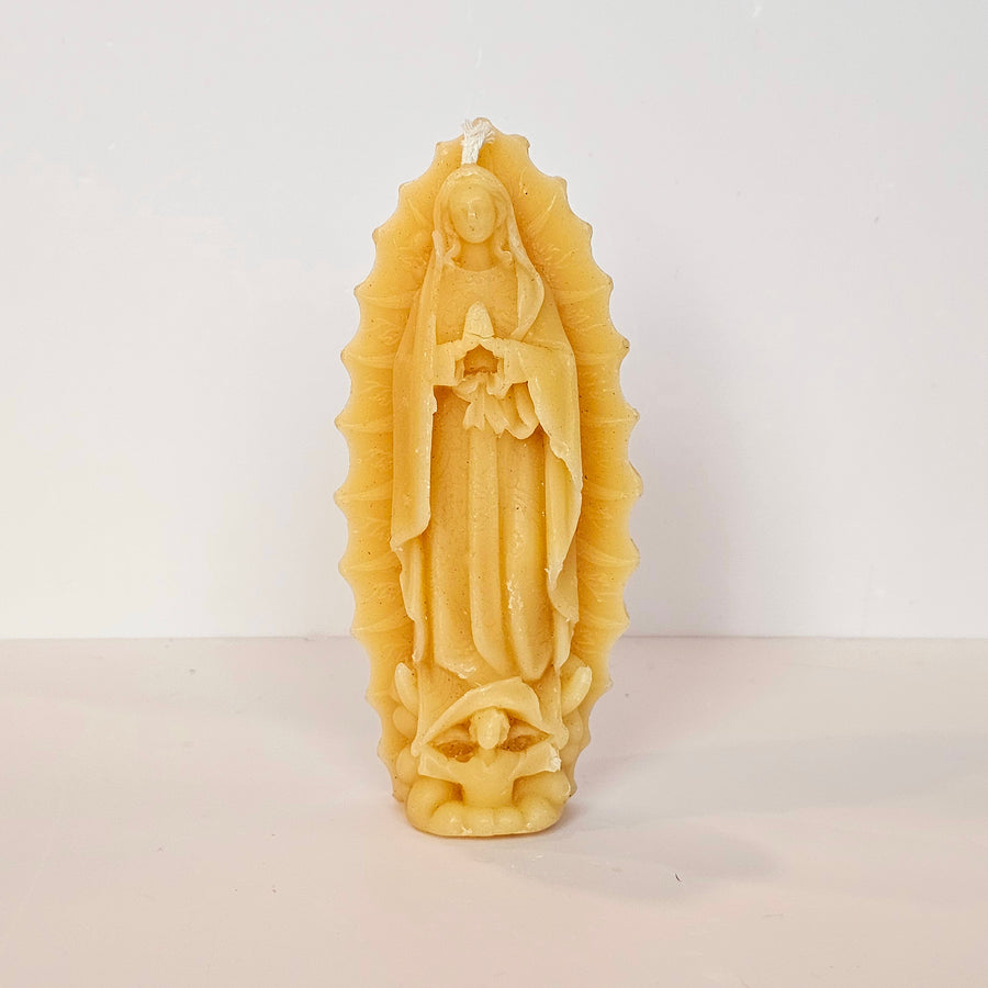 100% pure beeswax candle with the image of Our Lady of guadalupe.Handpoured
