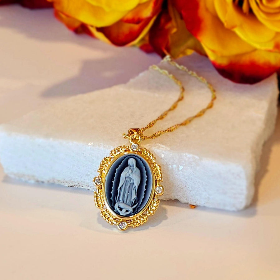 our lady of Guadalupe gold filled blue cameo pendant