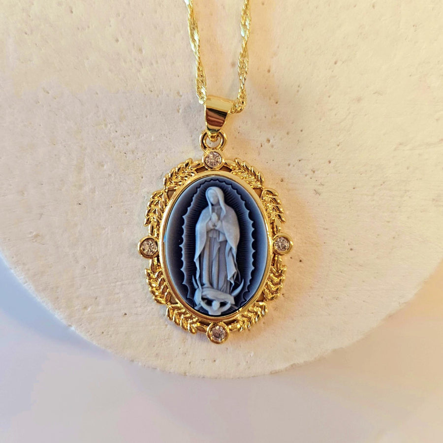 our lady of Guadalupe blue cameo necklace