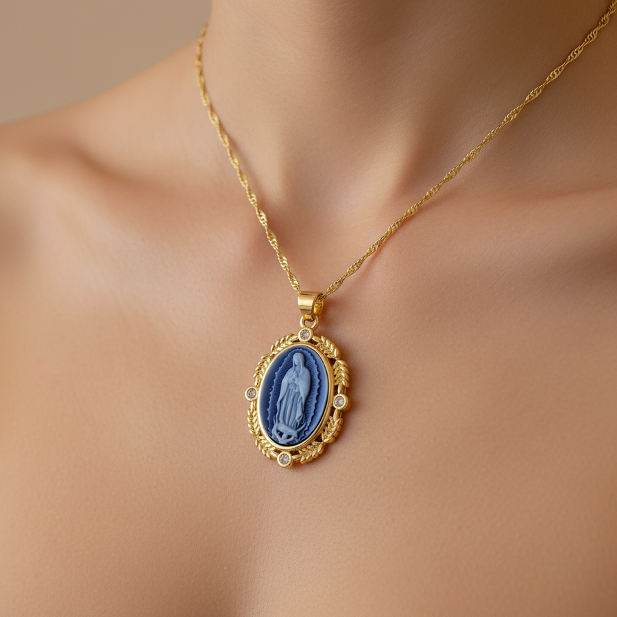 Our Lady of Guadalupe Necklace - Gold Filled Pendant with Cubic Zirconia - Catholic Jewelry Gift - 18” Singapore Chain