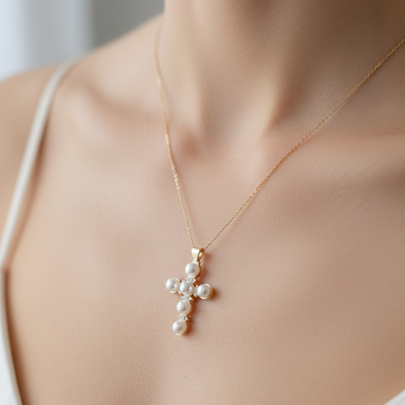 Gold necklace with a pearl pendant on a person wearing a white top.