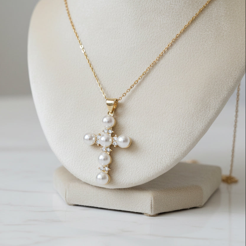 gold filled pearl cross with cubic zirconia