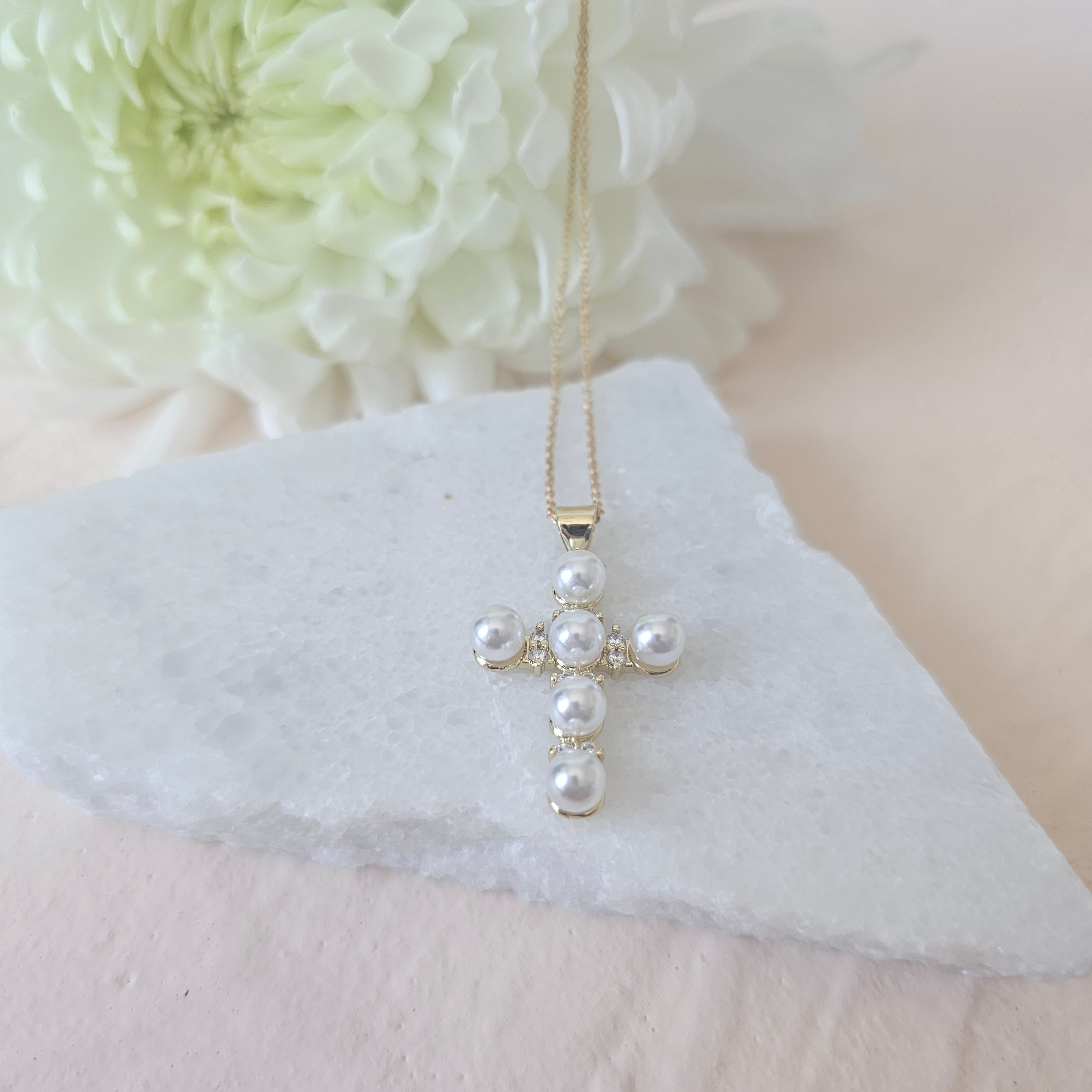 catholic pearl cross with cubic zirconia
