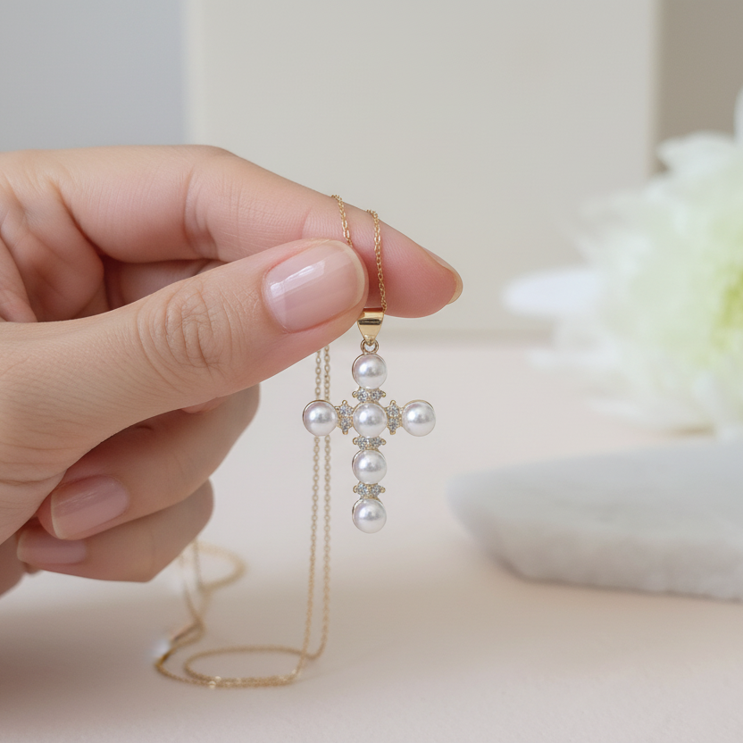 Hand holding a delicate necklace with a cross pendant and pearls against a soft background.