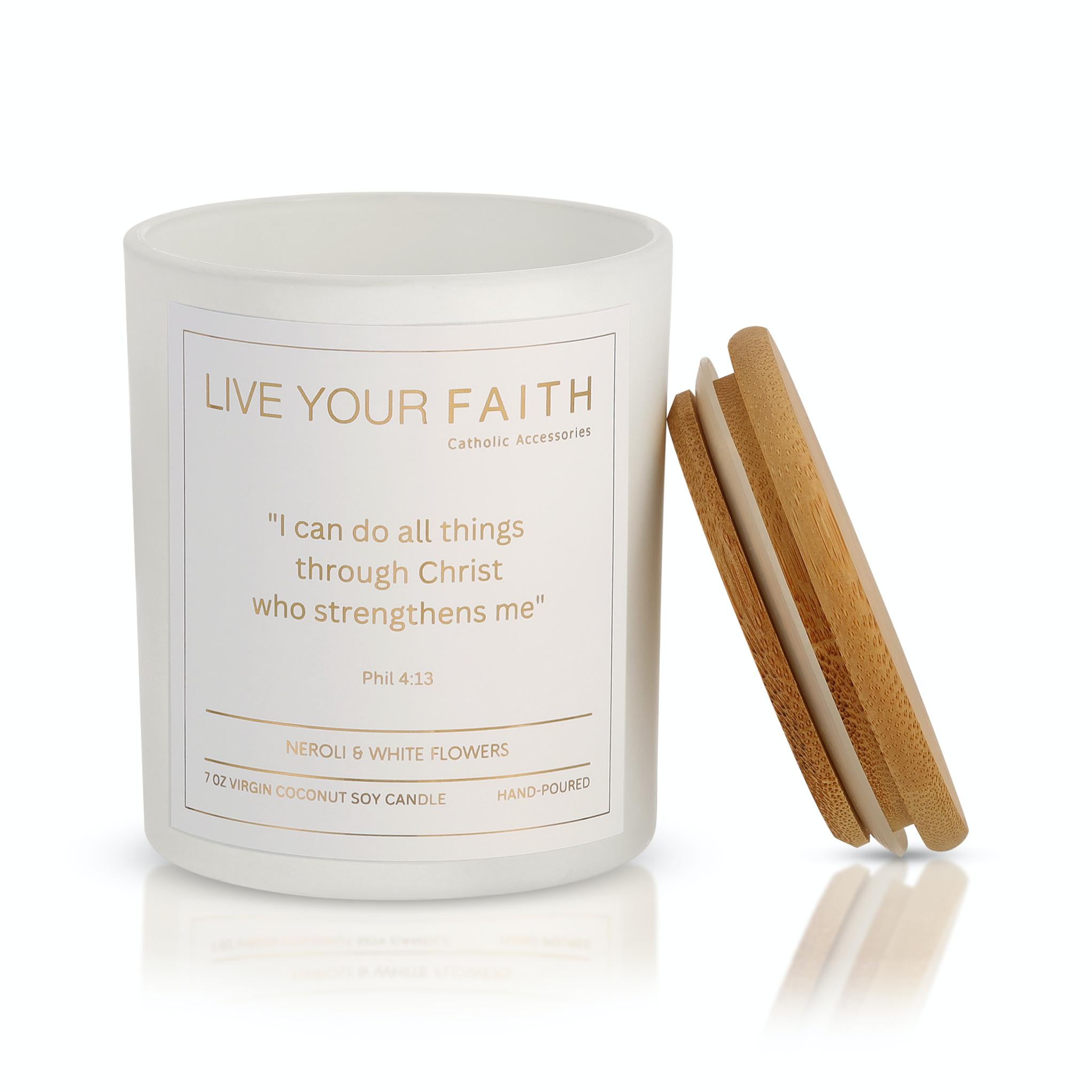 Catholic scented candle Phil.4:13 neroli and white flowers