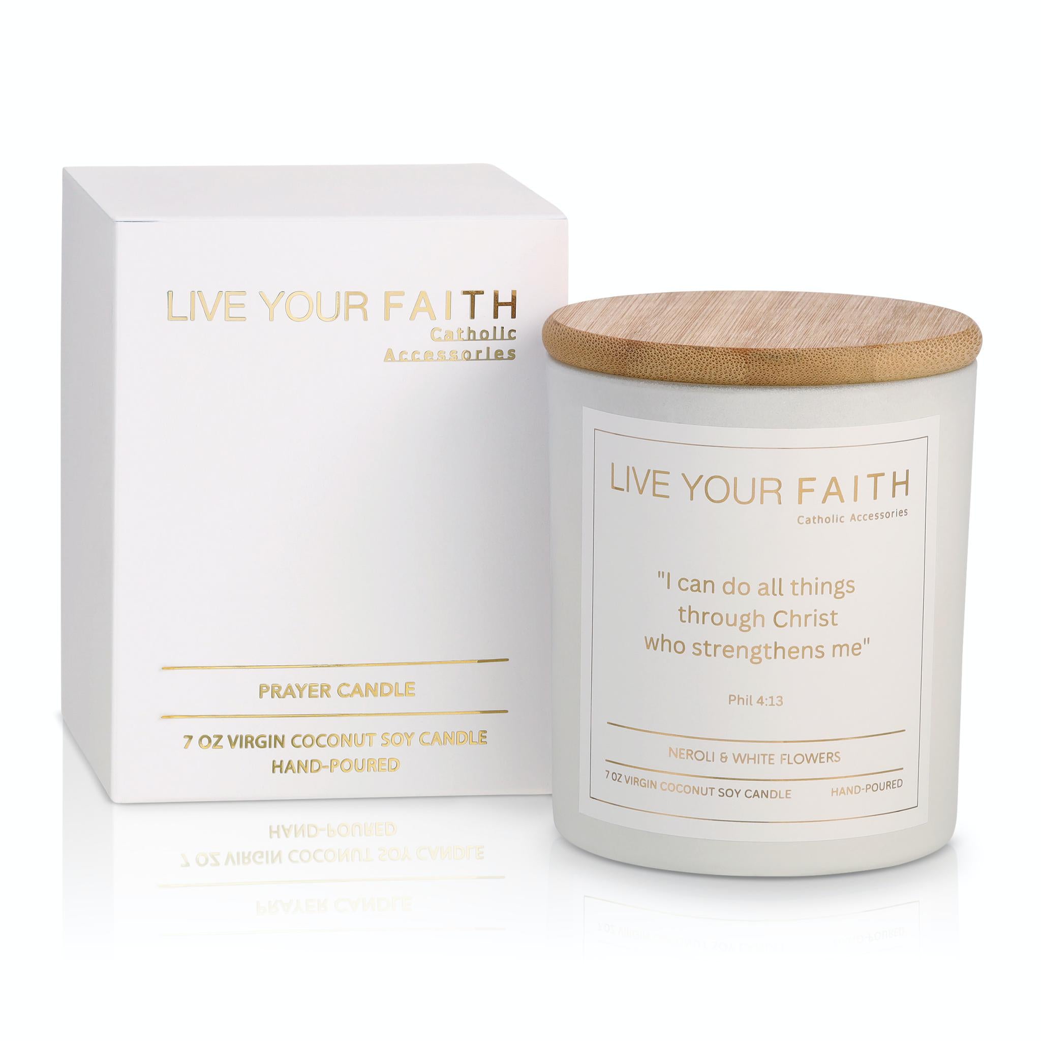 Catholic prayer candle Phil.4:13 neroli and white flowers