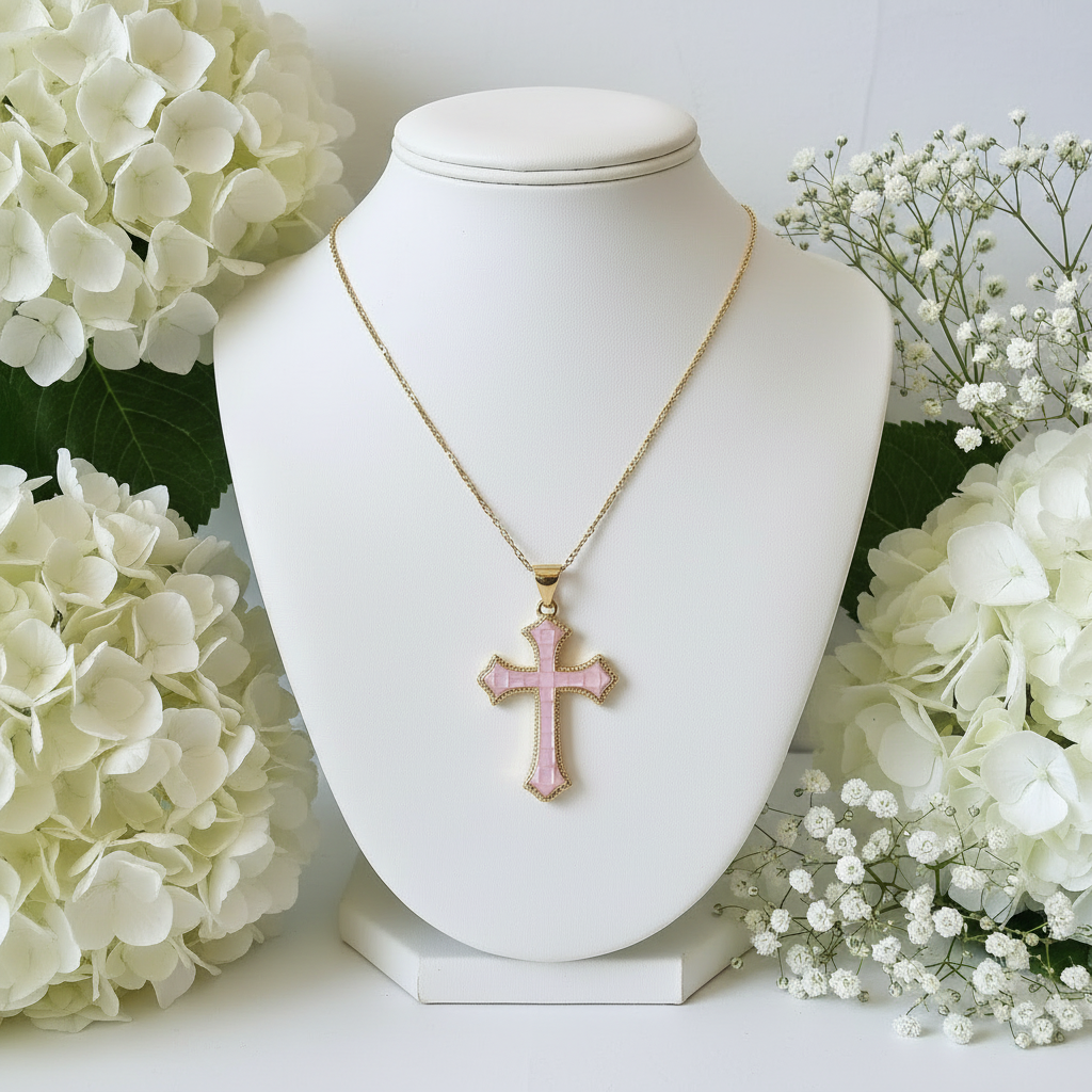 Religious Pink Mother of Pearl Cross Necklace Gold filled –  Catholic Jewelry
