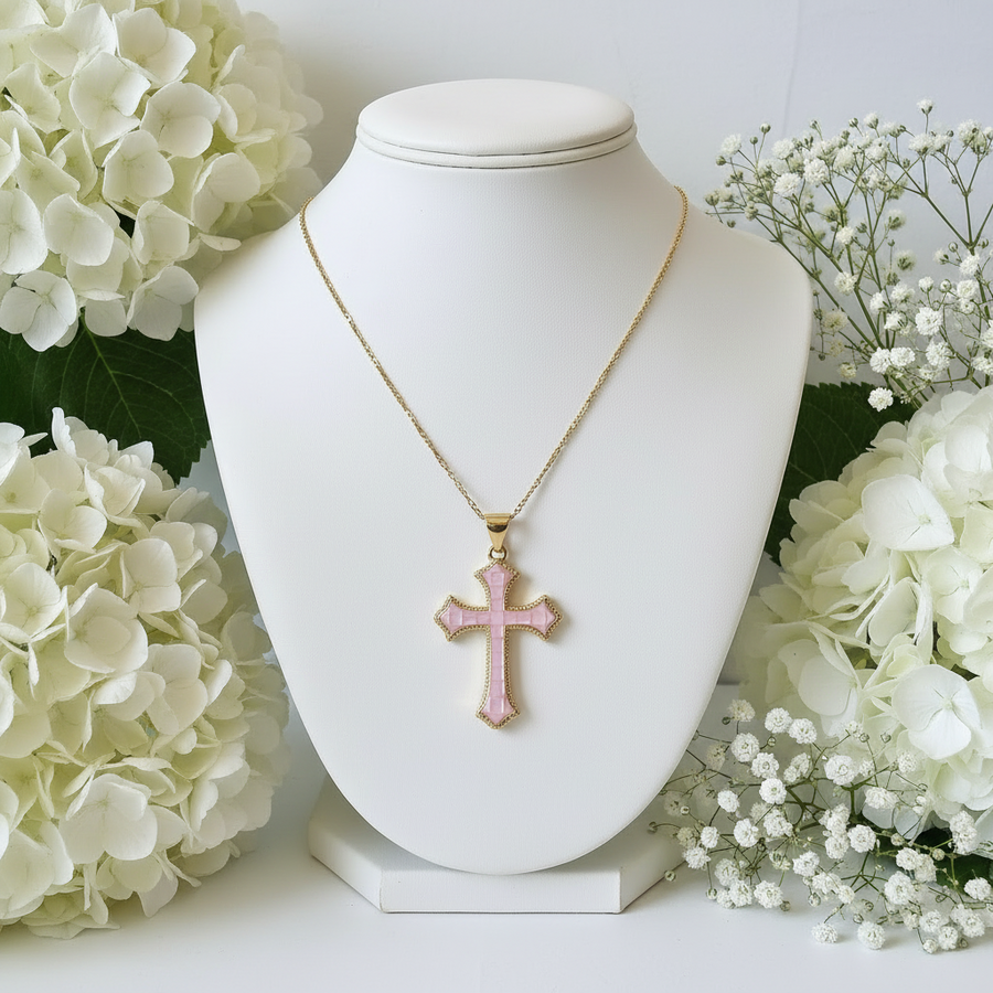 Religious Pink Mother of Pearl Cross Necklace Gold filled –  Catholic Jewelry