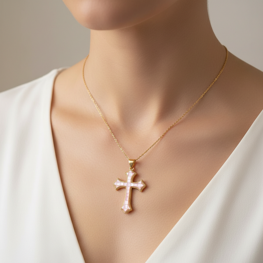 Religious Pink Mother of Pearl Cross Necklace Gold filled –  Catholic Jewelry