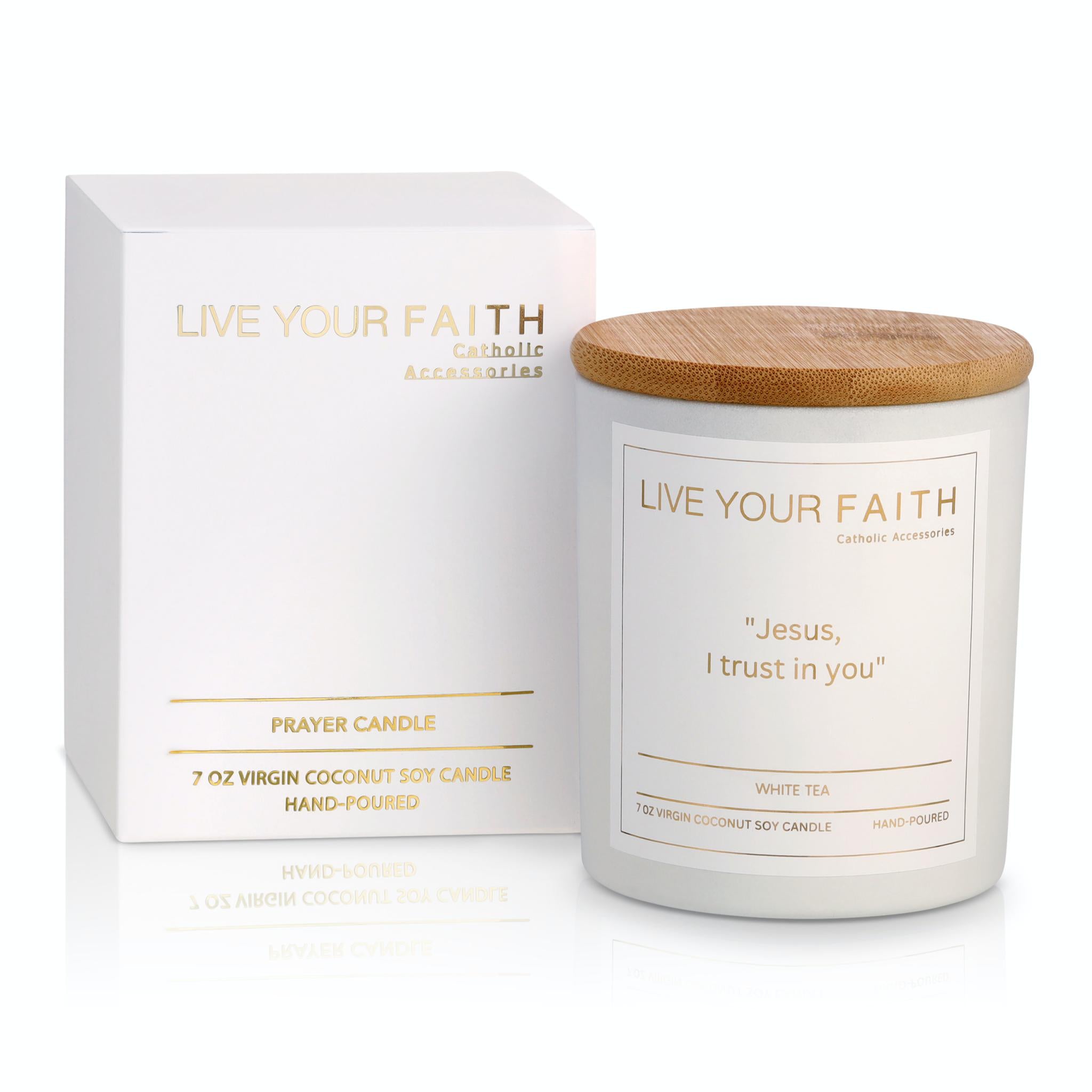 catholic candle with box the candle reads Jesus I trust in you in white tea scent