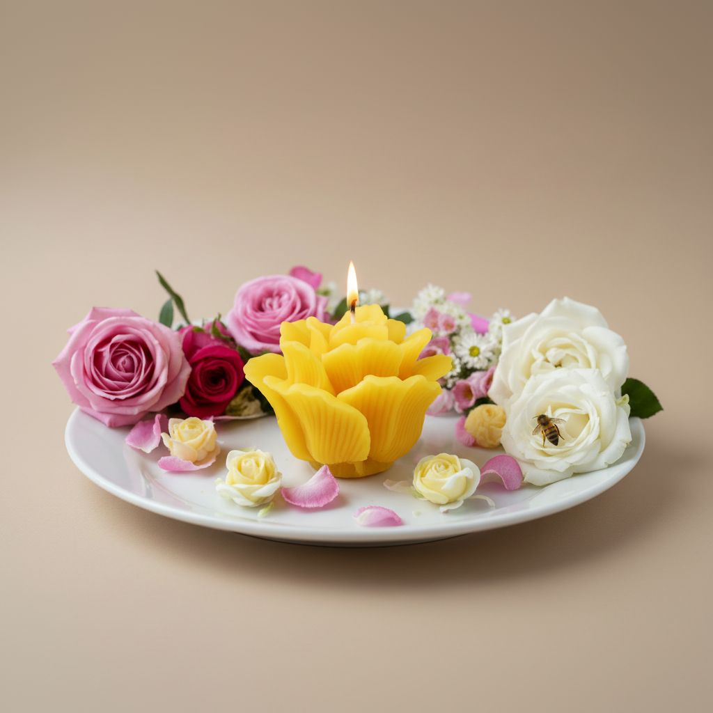 beeswax rosette candle with flowers on a white plate