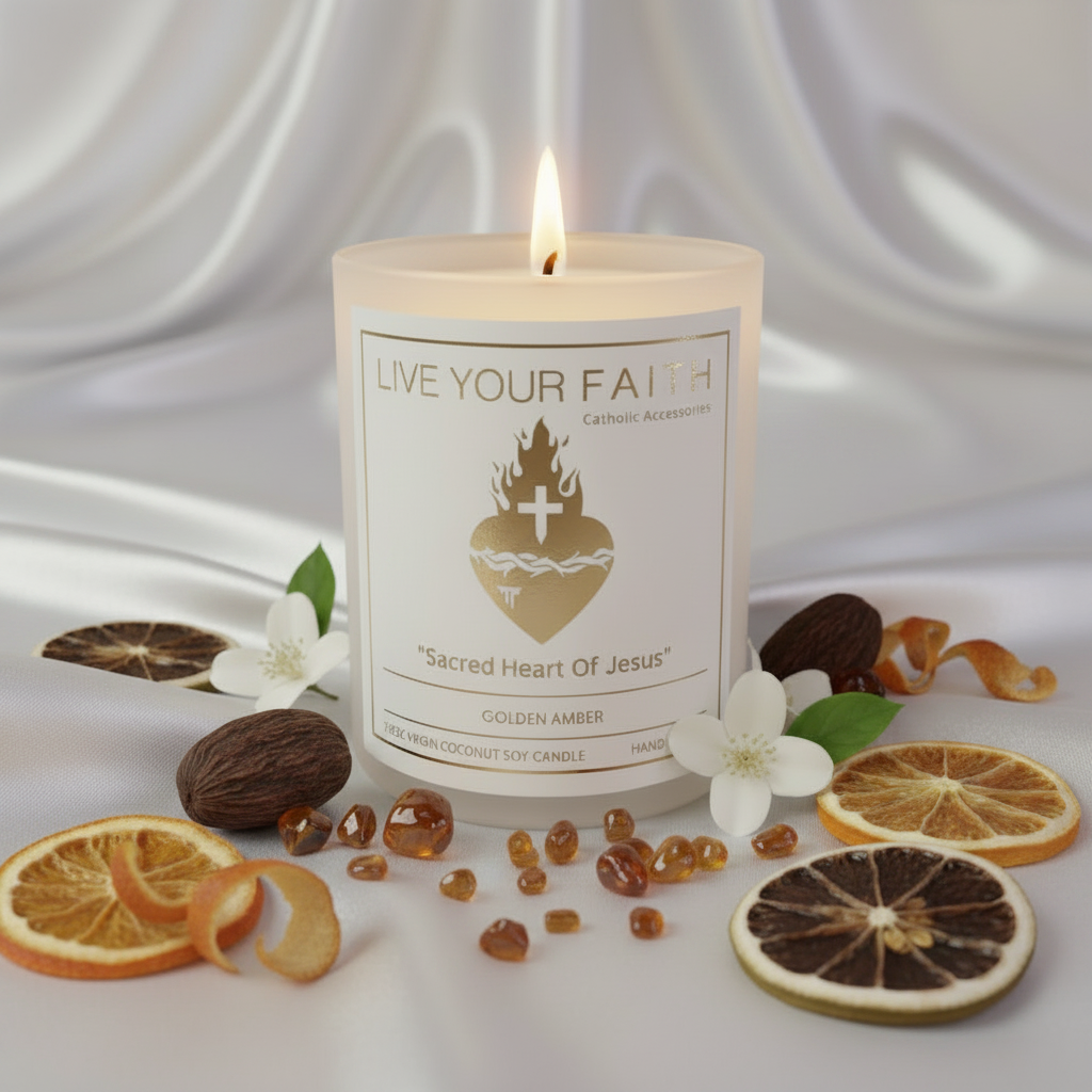 Candle with 'Live Your Faith' label surrounded by decorative elements on a white background
