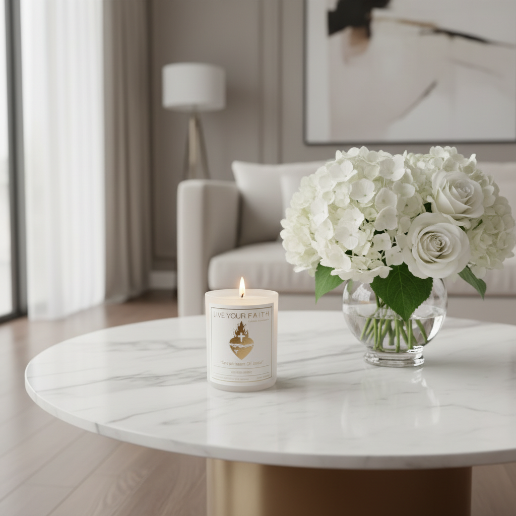 Candle with 'Live Your Faith' and 'Sacred Heart of Jesus' text on a living room.