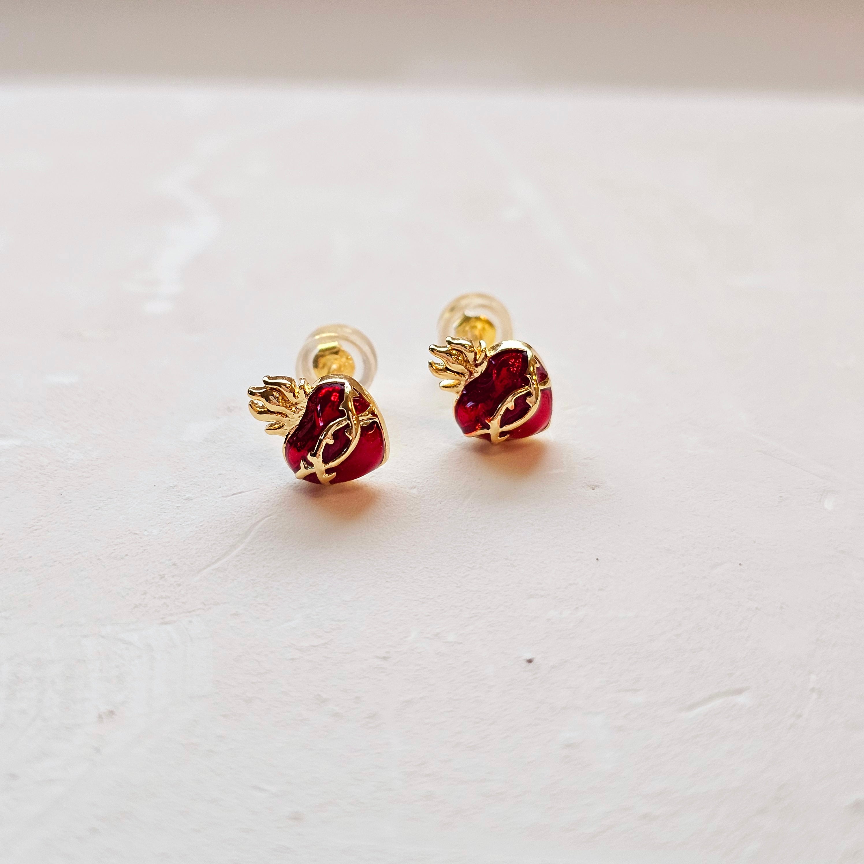 Sacred heart stud earrings in red enamel and gold filled. catholic jewelry.