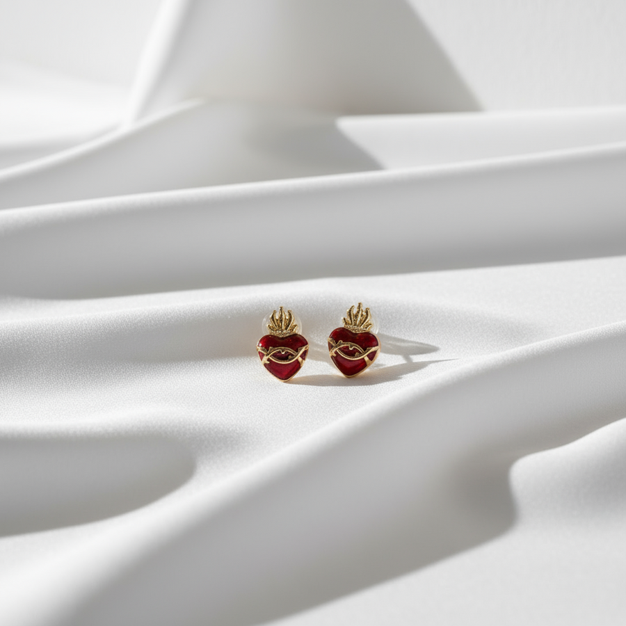 Sacred Heart Stud Earrings – Gold-Filled with Red Enamel
