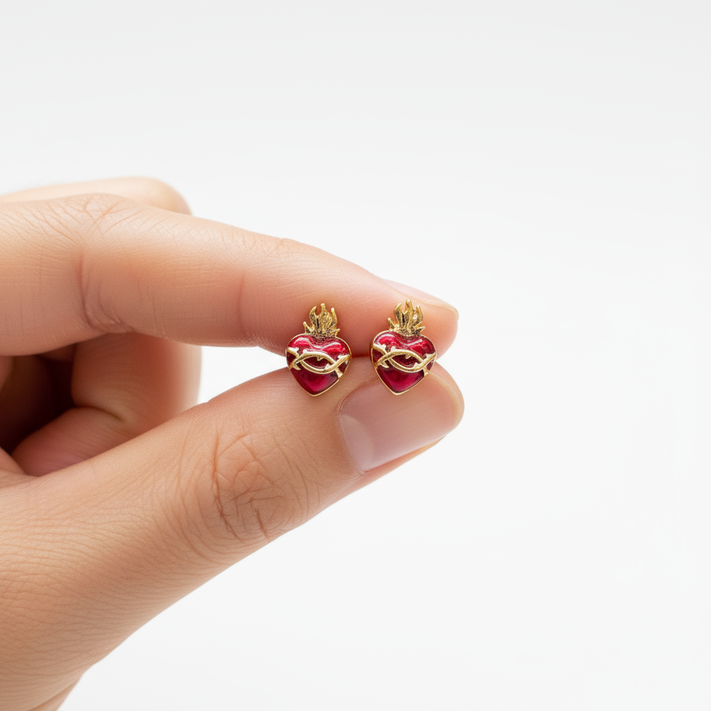 Sacred Heart Stud Earrings – Gold-Filled with Red Enamel