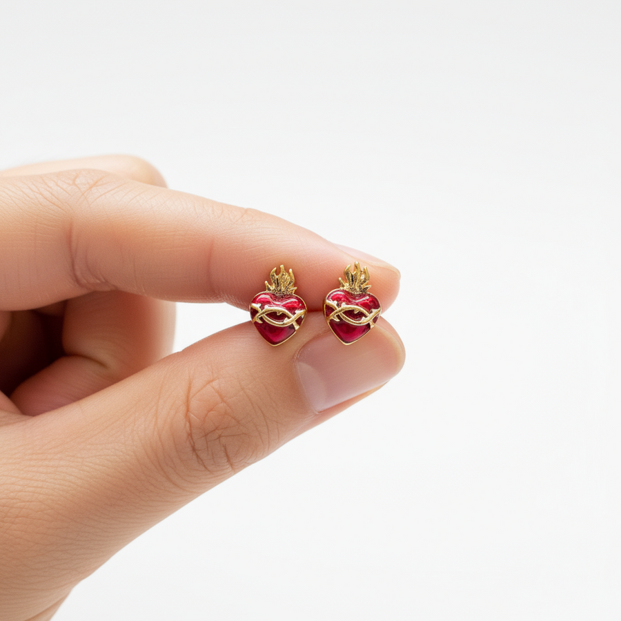 Sacred Heart Stud Earrings – Gold-Filled with Red Enamel