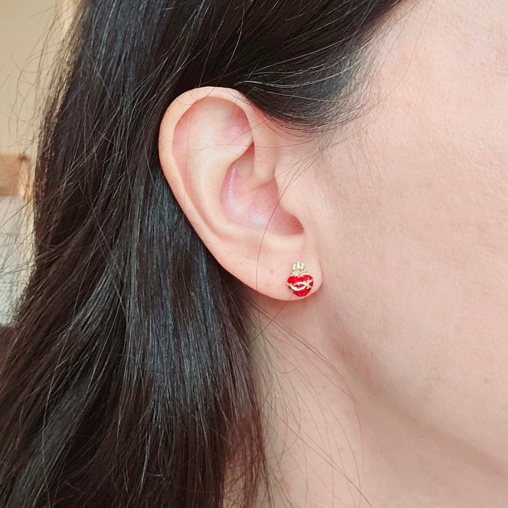 Gold-filled Catholic Sacred Heart stud earrings with red enamel