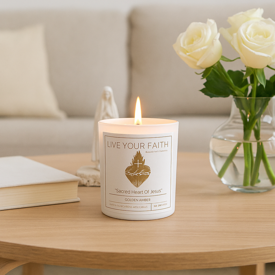 Sacred Heart Of Jesus Scented Catholic candle in a coffee table